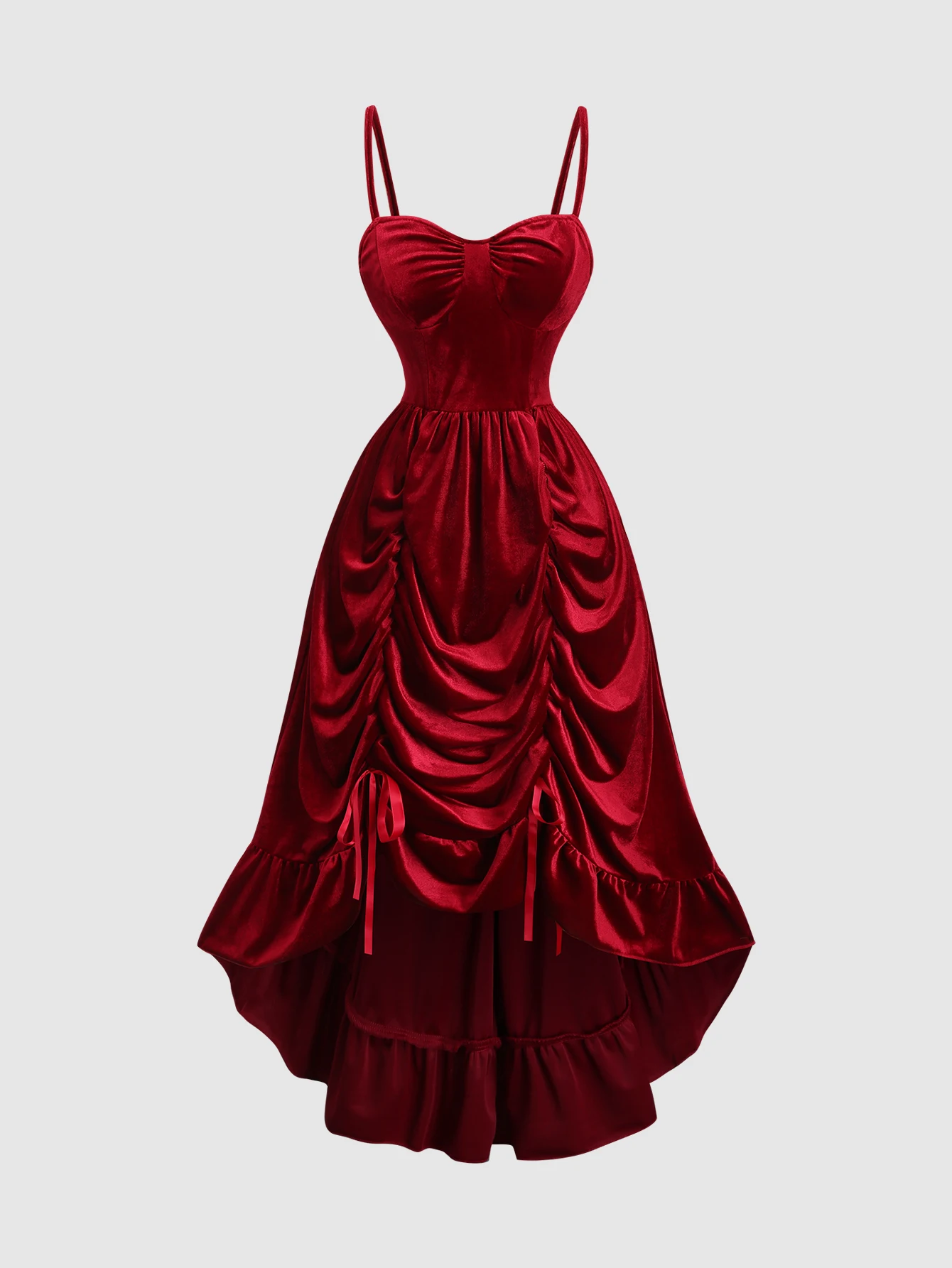 Bordeauxrode satijnen asymmetrische midi-jurk met hartvormige hals, ruches en bandjes, elegante jurk voor dames