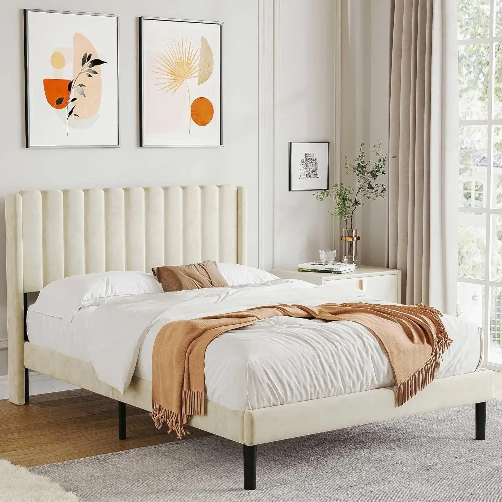 

Upholstered Bed Frame with Wingback Headboard/No Box Spring Needed/Wooden Slat Support/Easy Assemble