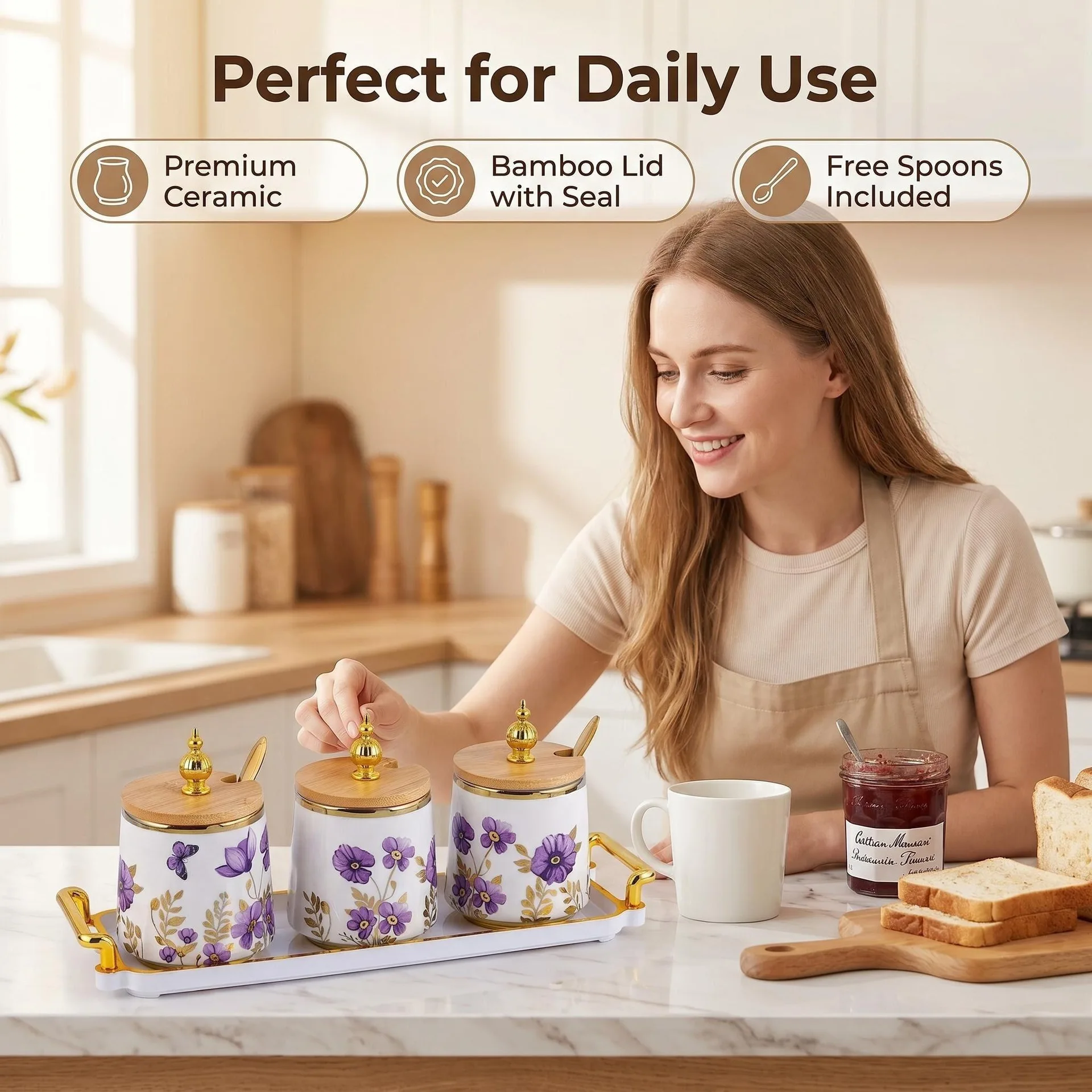 

HYS light luxury purple flower ceramic seasoning jar three-piece set with bamboo cover spoon tray kitchen moisture-proof