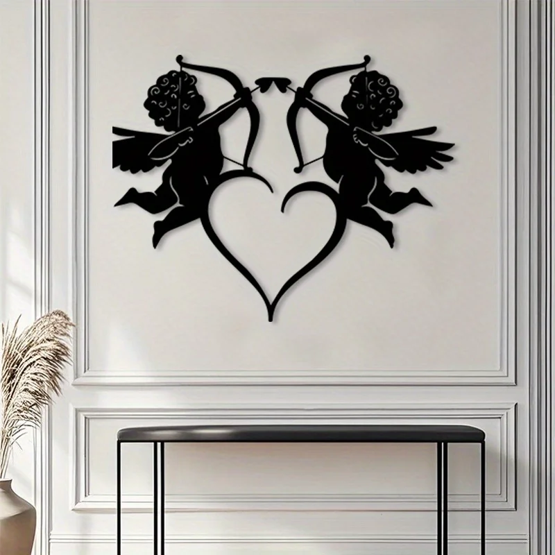 Metal Wall Art Eros Cupid Cherubs Heart Vintage Iron Rust Resistant Rustic Hanging Romantic Decor for Bedroom Valentine Gift