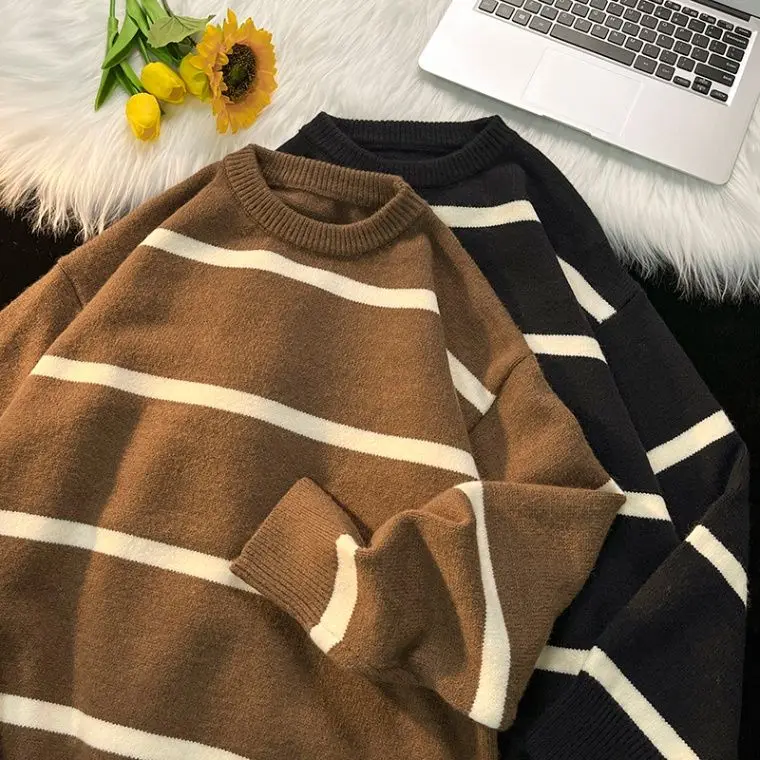 

Мужской вязаный свитер American Sle, мягкий дизайн в полоску, повседневная зимняя верхняя одежда, удобное пальто из полиэфирного волокна