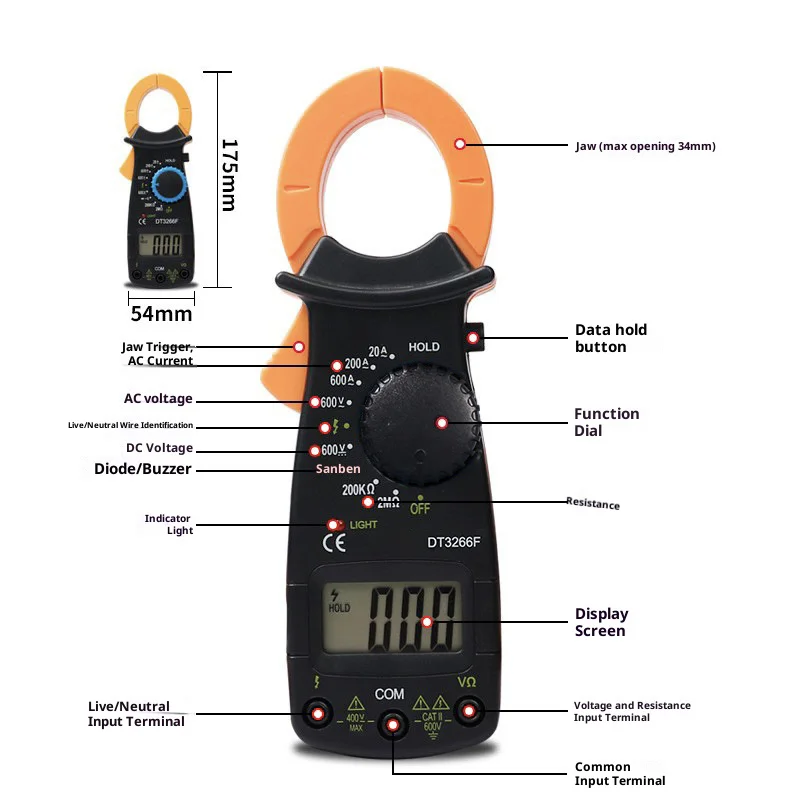 جهاز اختبار رقمي متعدد عدم الاتصال الجهد متر المشبك 2000 التهم التيار المتناوب/التيار مدقق السيارات المقاومة المدى NCV Aneng ديود