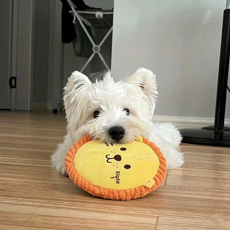 Colorful Soft Dog Plush Flying Disc Toy with Squeaker Bite Resistant Cartoon Pet Teething Cleaning Toy for Puppy Grinding Teeth