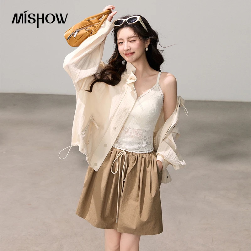 

Новая легкая женская рубашка-накидка MISHOW с защитой от солнца, летняя, с плиссировкой, воротником-стойкой и утяжкой на талии MXF14W1058