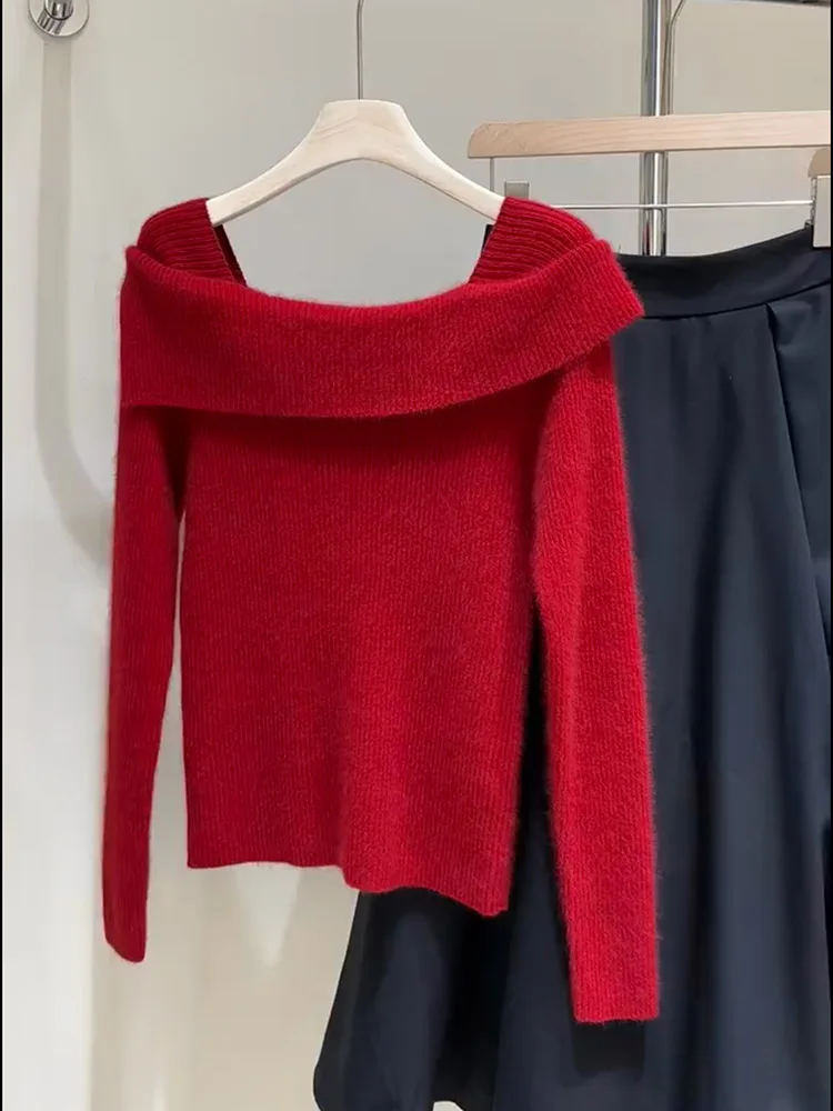 

Красный вязаный свитер на одно плечо с длинным рукавом для женщин: модный, универсальный, новый стиль, премиум-качество, шерстяной, удобный для повседневной носки дизайн