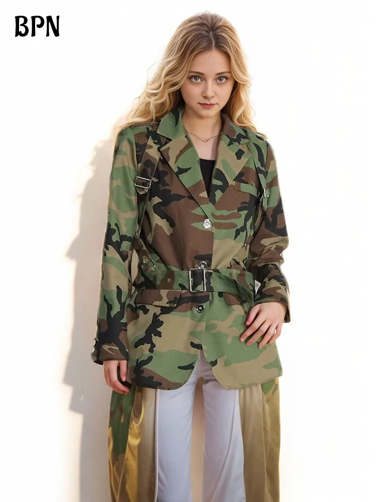 

BPN Streetwear Patchwork Belts Blazers For Women Notched Collar Long Sleeve Hit Color Camouflage Vintage Blazer Female New Style