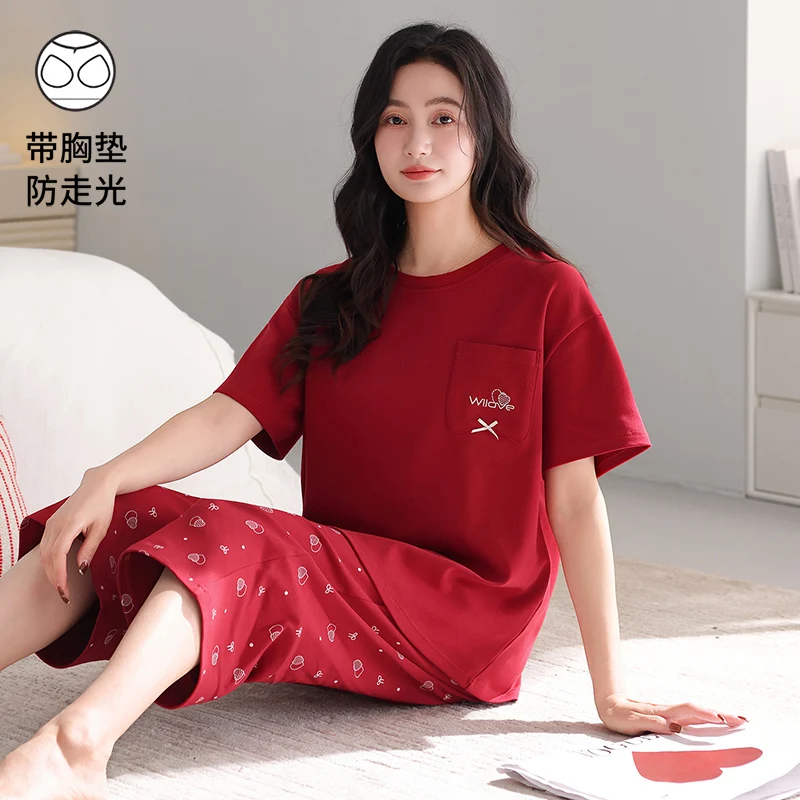 Summer 100％ Cotton Women Pajamas Set 3 Pieces Set Short-sleeve Suit + Calf-Length Pants Sleepwear Female Homewear With Chest Pad