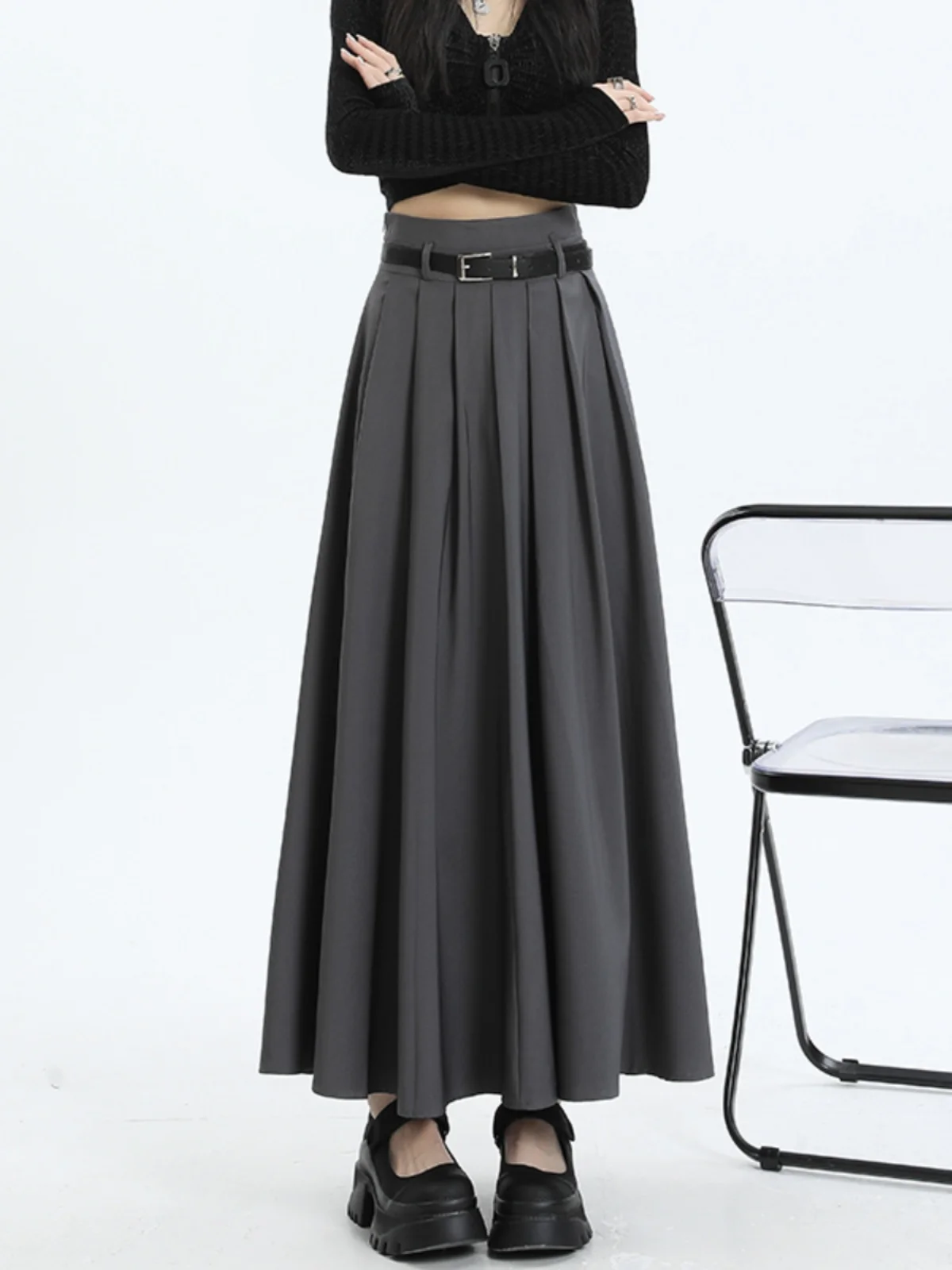 Rok Wanita Musim Semi Gugur Ukuran Kecil Pinggang Tinggi Model A-Line Slim Lipit Rok Panjang dengan Kelim Lebar