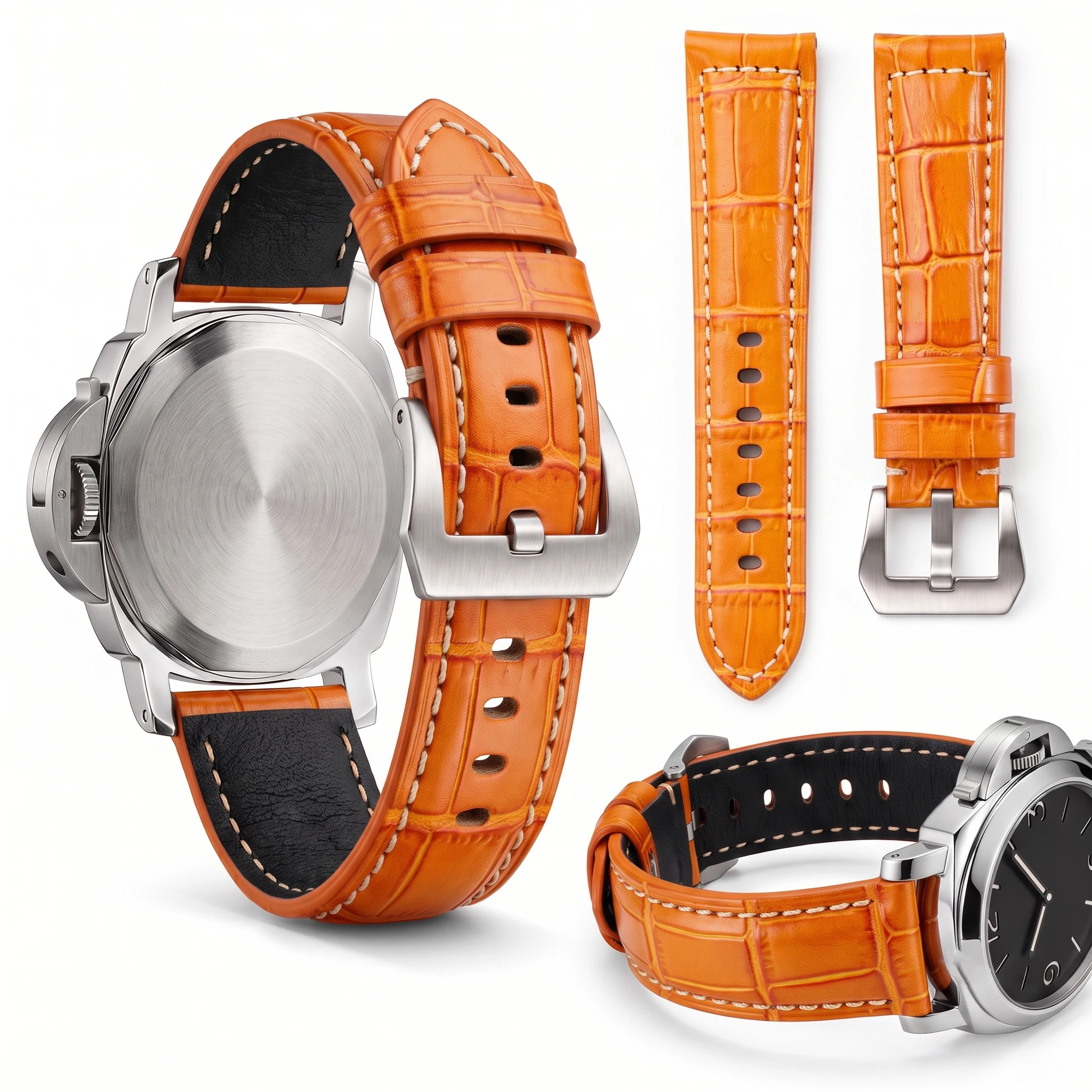 Thick Top Grain Leather Watch Strap 20mm 22mm 24mm For Panerai Bamboo Pattern Men Watchband Brown Black Orange Accessories