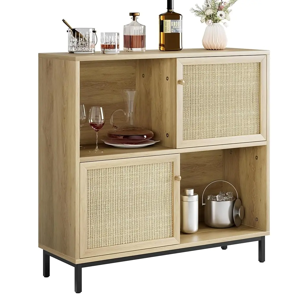 

Rattan Sideboard Buffet Cabinet With Sliding Door, For Living Room, Dining Room, Entryway, Kitchen, Natural Oak