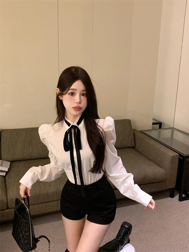 Woherh Women Spring Puff Sleeve Blouses 2024  Loose Temperament  Bow Ladies Tops Ruffles Sweet White Blouse Korean Vintage Shirt