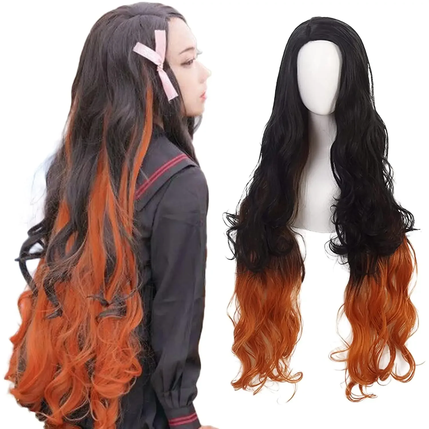 Kamado Nezuko 2026 Wigs for Costume Wigs Synthetic Orange Mixed Black Long Curly Wigs for Women