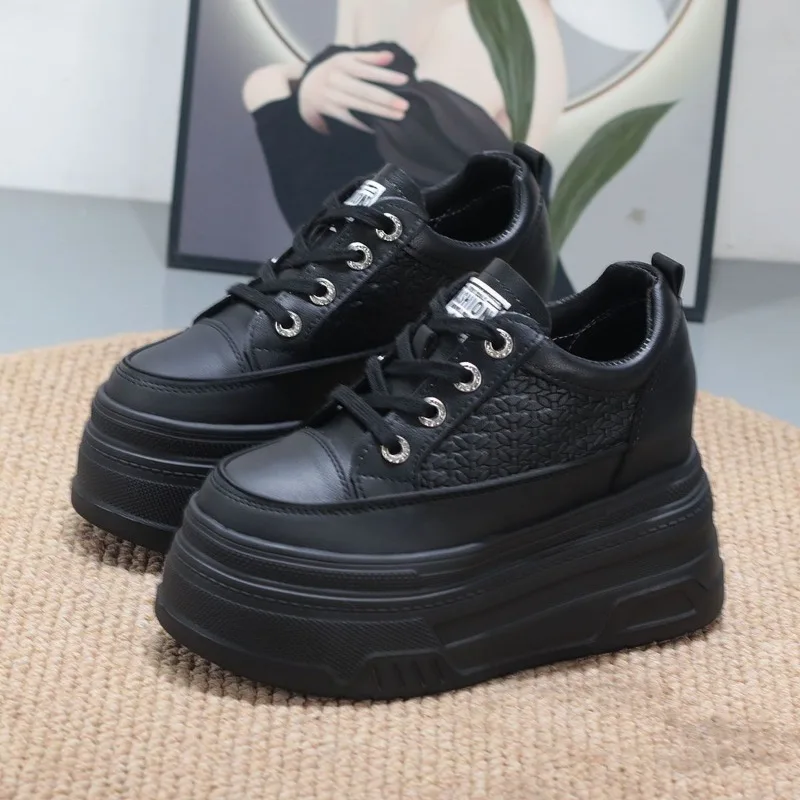 2026 New 10CM Genuine Leather Comfy Breathable Hidden Heel Flats Skate Board Platform Wedge Sneakers Vulcanized Chunky Shoes - view 3