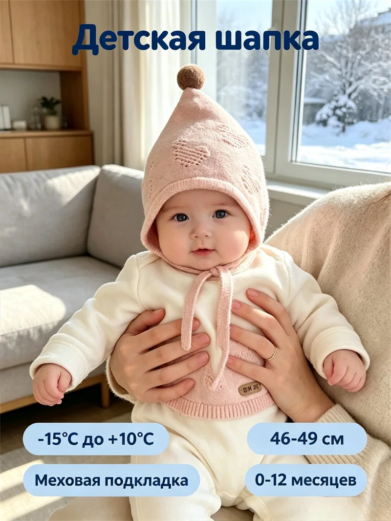 Kleinkind Gestrickte Kappe 46-48 cm Nette Pompom Ball Baby Ohr Schutz Hut Winter Warme Infant Woolen Häkeln motorhaube Kinder Mützen – Detail 1