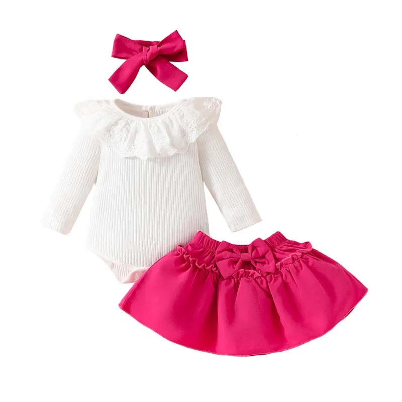 

Baby Clothes Girls 3PCS Sets 0-18 Months Autumn Long sleeved ruffled Slat Bodysuits Bow Skirts Hairband Fashion Infant Outfits