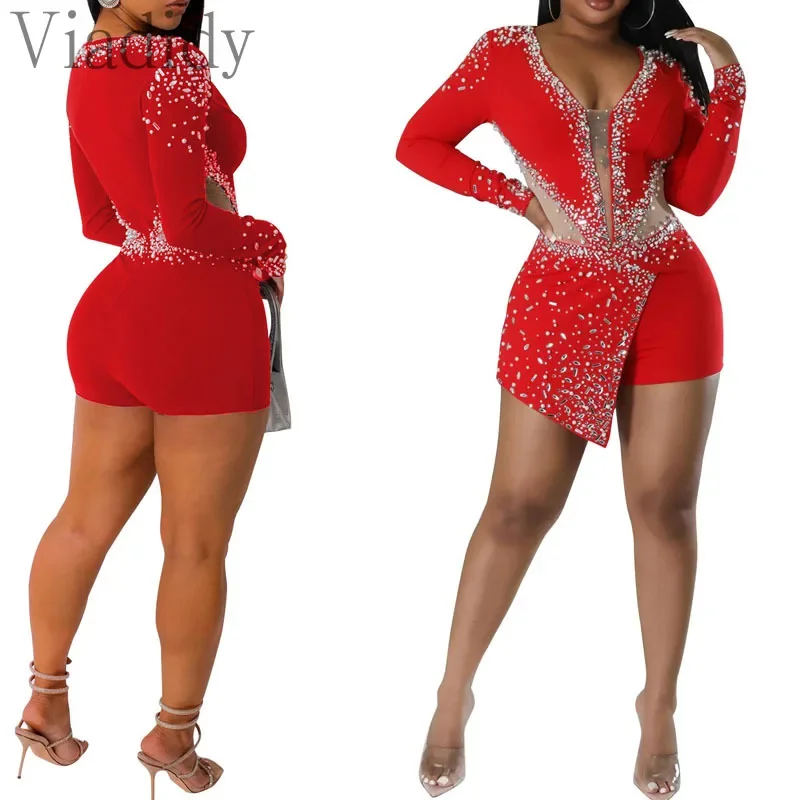 Romper wanita seksi kerah V dengan hiasan berlian imitasi dan jaring, lengan panjang, model ketat