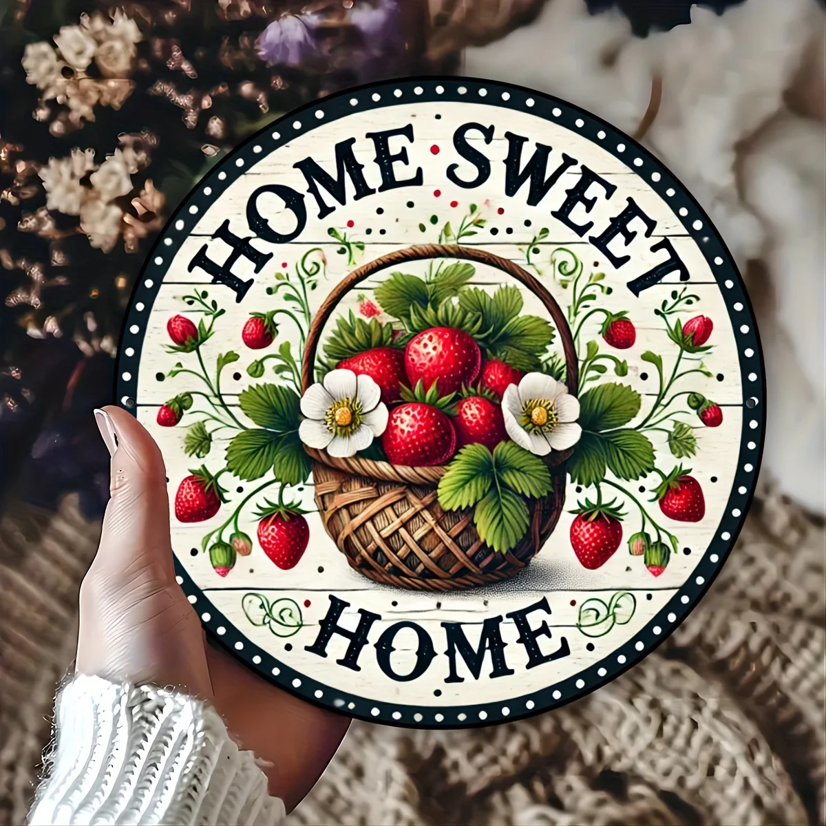 2D flach, 2D, 1 Stück rundes Erdbeerschild Sommerkranzschild Home Sweet Home Erdbeere Türbehang Retro-Stil Aluminiumschild 20x2