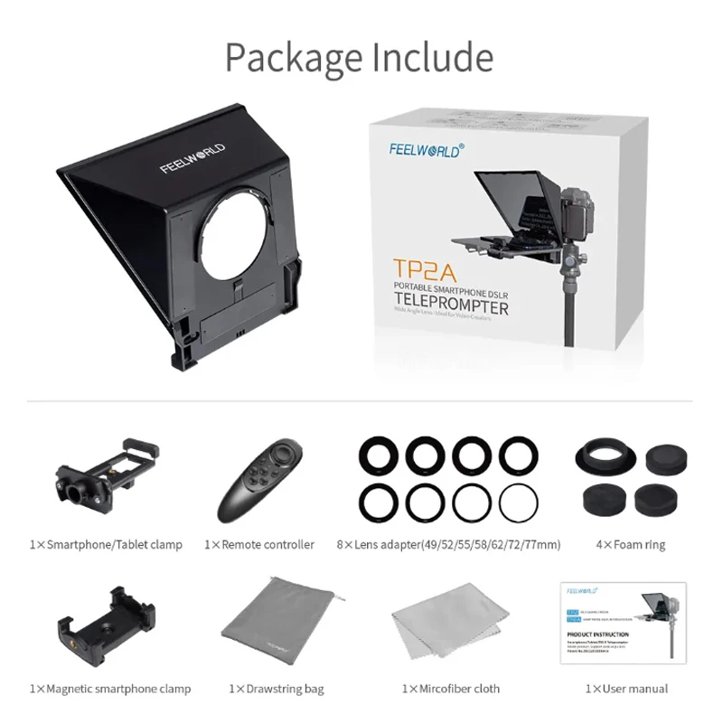 FEELWORLD TP2A 8-inch Portable Teleprompter Supports up to Smartphone/DSLR Tablet Laptop Camara BT Control Lens Adapter Rings