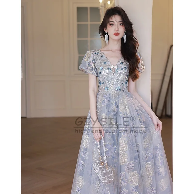 

GIYSILE customized Blue V-neck short-sleeved super fairy evening dress female 2025 new banquet temperament A-line luxury dresses