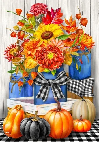 BRIARWOOD LANE Sleeved House Flag 28x40 AUTUMN MASON JARS Checkered Pumpkin Fall ZZY