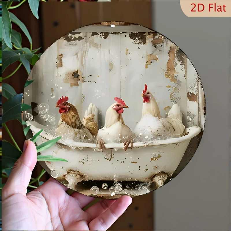 2D Flat Circular Retro Wooden Plaque Cute Farm Chickens Bathtub Bubble Design Shabby Wood Bathroom Farmhouse Hanging Wall Sign