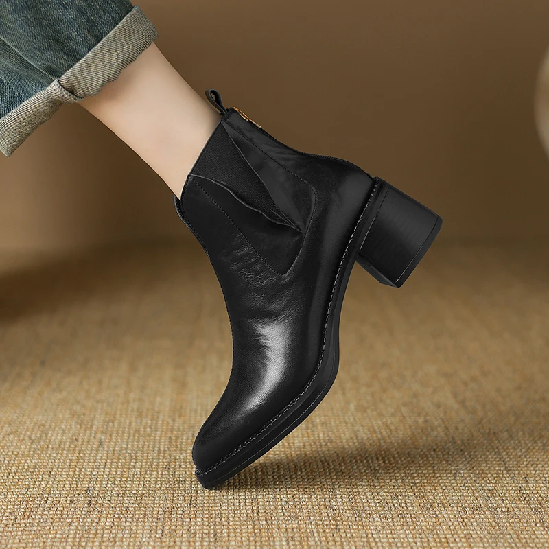 2024 Autumn Women Boots Genuine Leather Shoes for Women Pointed Toe Chunky Heel Shoes Slip-on Ankle Boots Handmade Western Boots