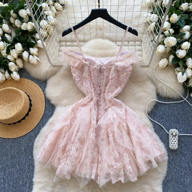 Elegant Mesh Vintage Sleeveless Chic Embroidered Floral Slim A-line Ball Gown Dress French Sweet Streetwear High Street Clothing