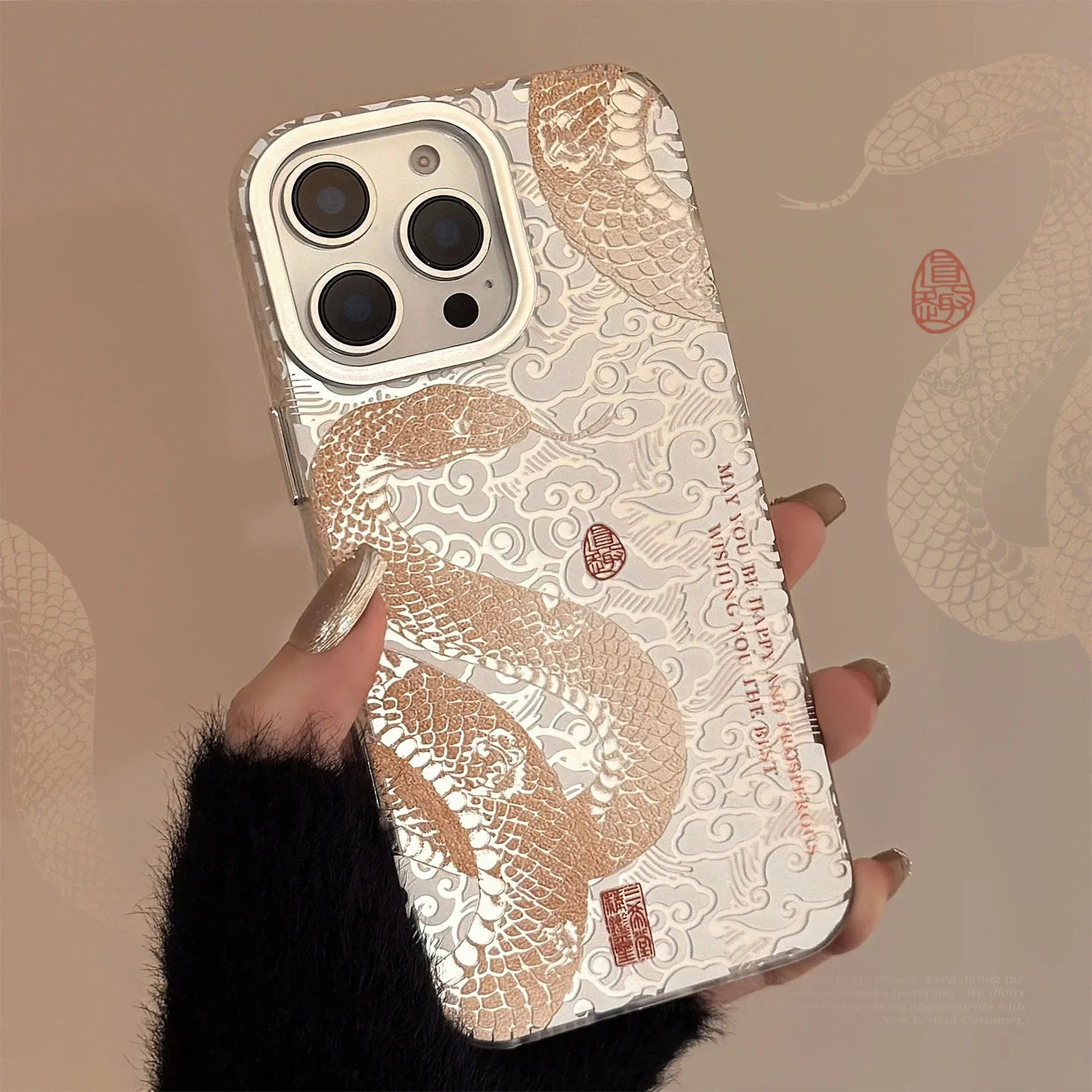 Chinese Style Cloudy Sea Golden Snake Phone Case for IPhone16 15 14 12 13 11 Pro ProMax Plus X XR Shockproof Phone Cover