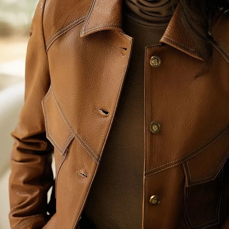 2024 High-End Brown Women Bike Coat PU Leather Outwear Button Outfit Spring Autumn Women Fashion Short Thin Female Jacket Tops