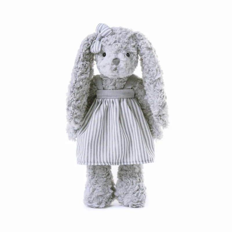 Long Ear Plush Bunny Gray Curly Furry Striped Dress Bow Decor Soft Stuffed Plush Toy Comforting Animal Birthday Gift For Adults