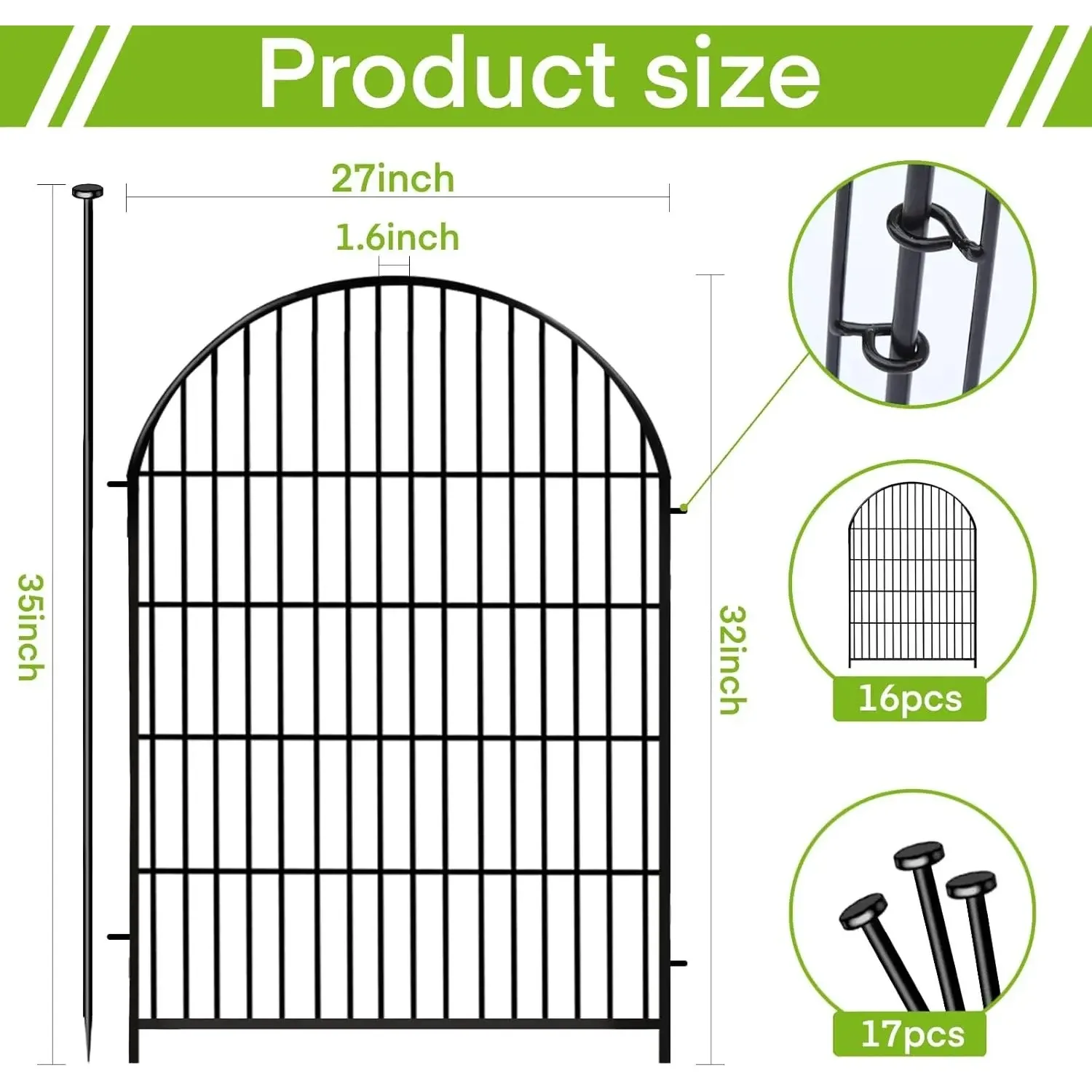 Garden Fence Animal Barrier with Gate 32 in(H)×36 Ft(L) 16 Panels,Rustproof Metal Wire Tall Fencing Border for Dogs Rabbits