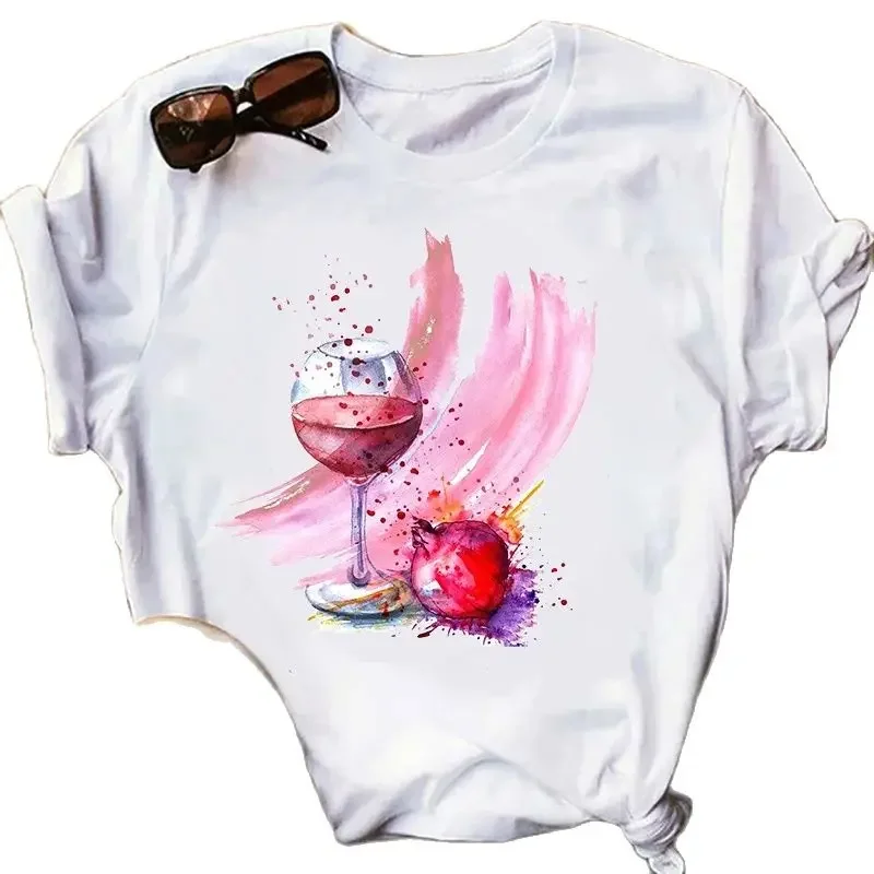 Wine Glass Wine Glass Print Short Sleeve T Shirt Women Vintage Tops Harajuku  Graphic T-shirts Aesthetic Clothes Oversized Tee