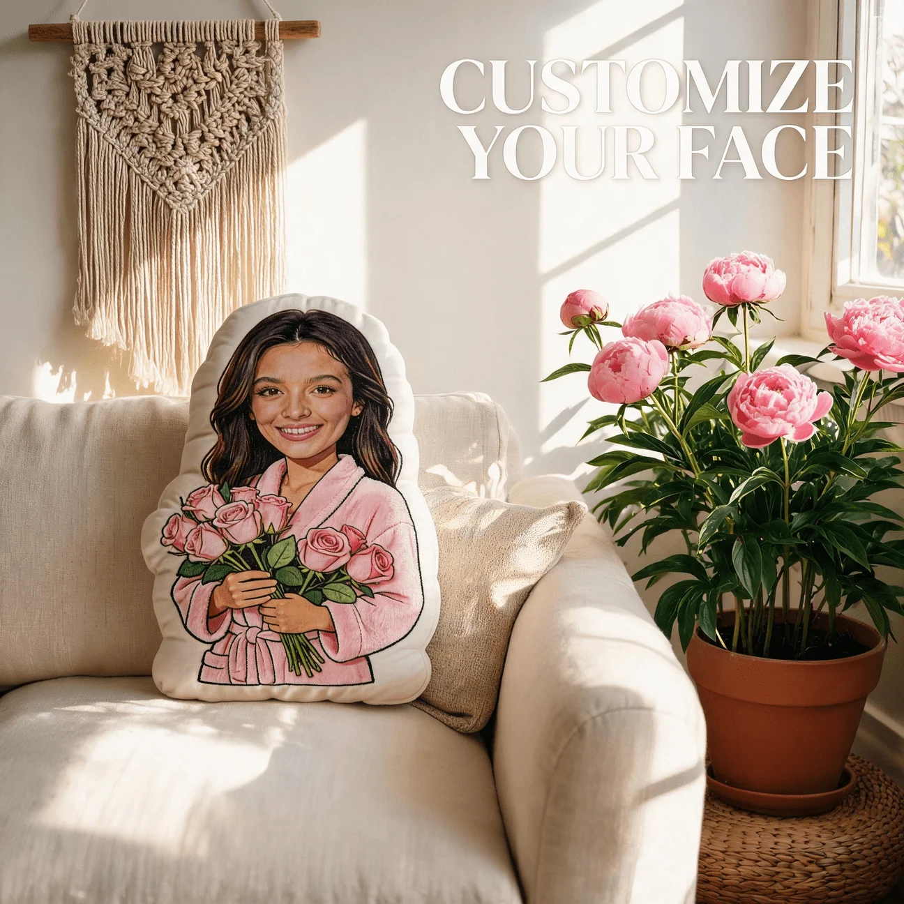 Custom Personalized Photo Shaped Pillow, Smiling Woman Holding Pink Roses Decorative Cushion, Unique Home Decor Accent for Sofa
