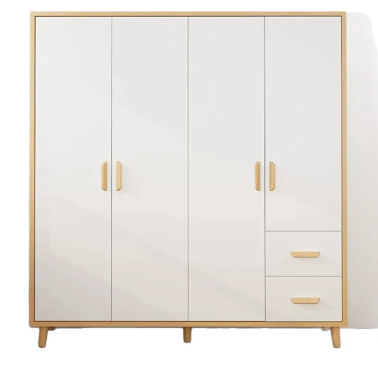 Cream wind swing door locker, four door double pumping bedroom wardrobe, white log hit color ribbon drawer household wardrobe