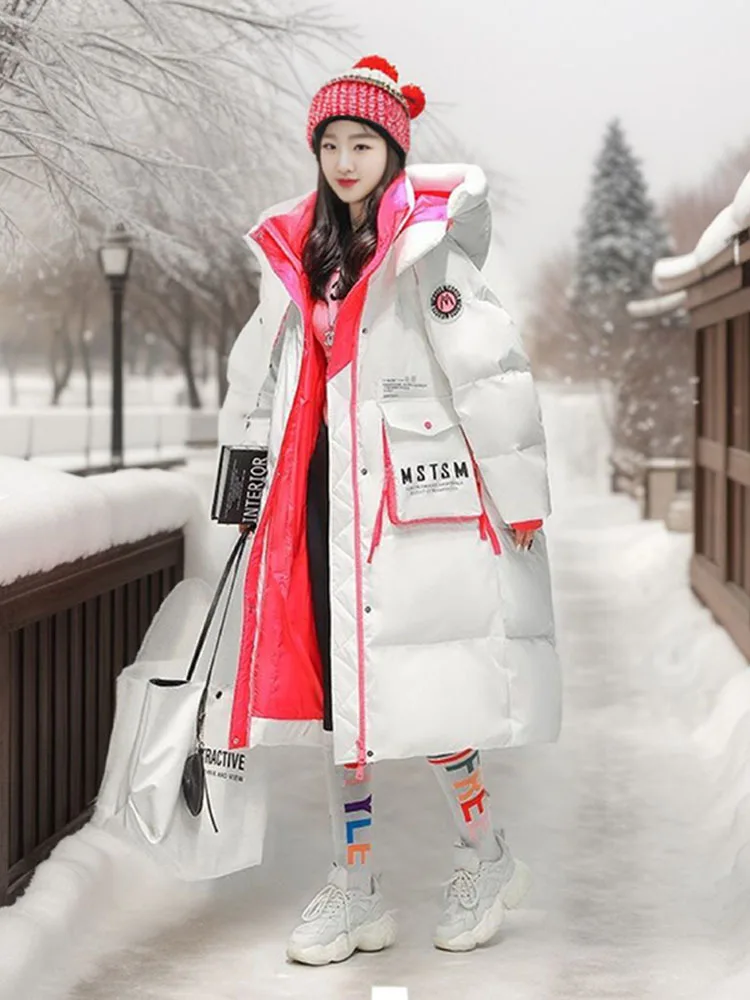 Long Down Jacket Winter Women Clothing Free Shipping Thicken Hooded Down Coat Warm Big Pockets White Black Red Outerwear Puffer