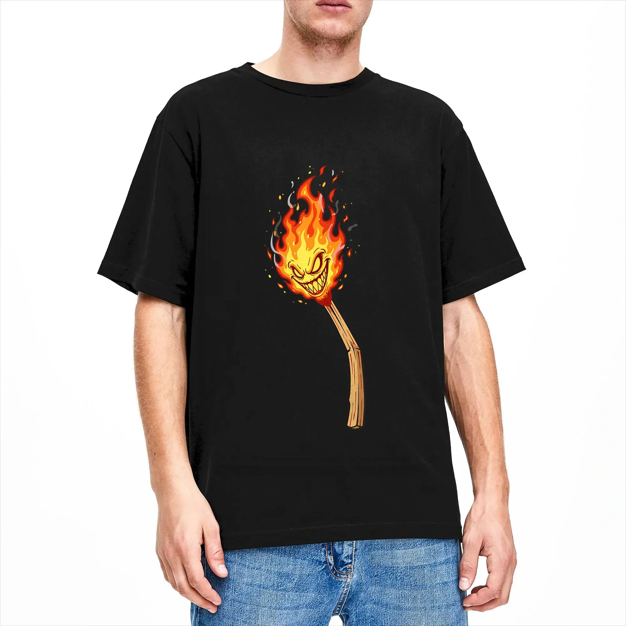 Smiling Inferno Wicked Burning Matchstick Flame T Shirt Summer  Trendy Cool T Shirts Male Cotton O-Neck Plus Size 5XL Clothes