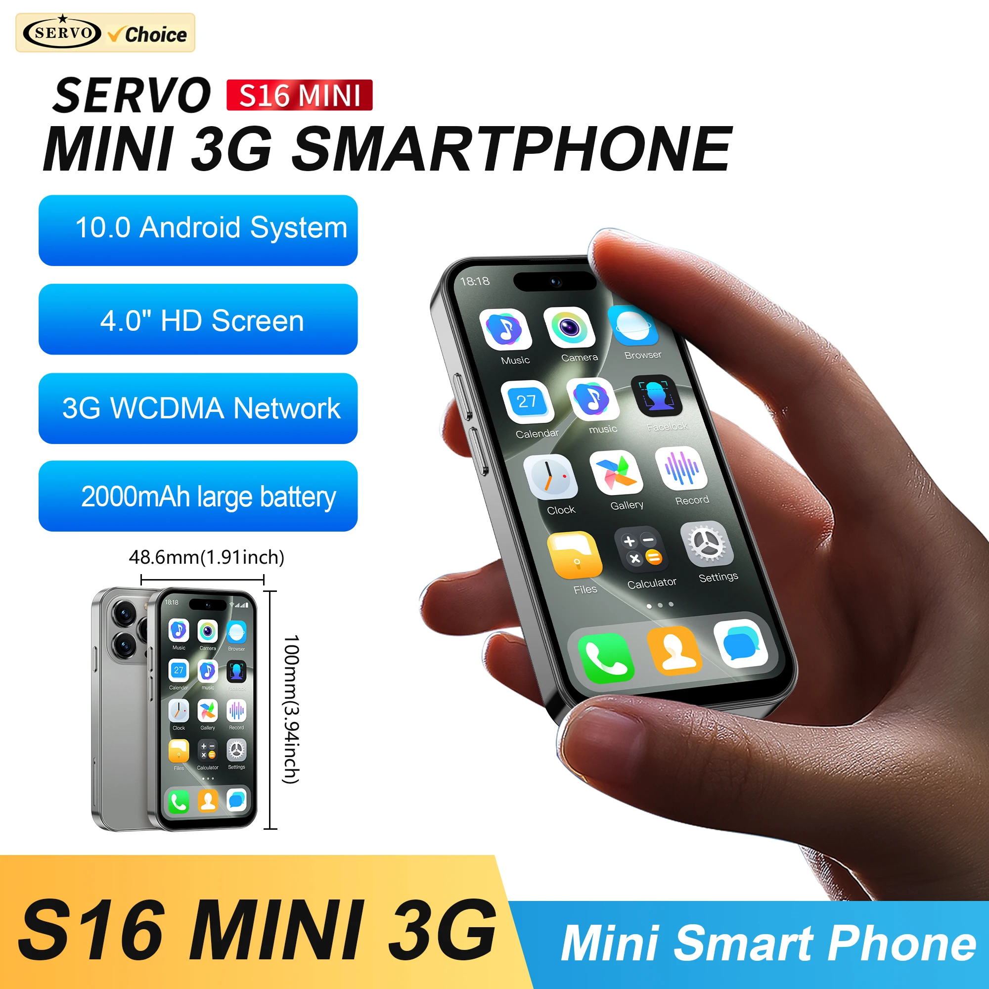 SERVO S16 MINI 3G WCDMA Card Smartphone Android 10.0 OS 2GB+16GB Play Store Face Unlock WiFi 4.0