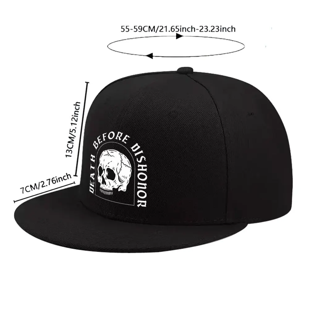 New Skull DEATH BEFORE DISHONOR Unisex All-Match Flat Brim Baseball Cap, Hip-Hop Cap, Suitable for Short Trips, Home Daily Match