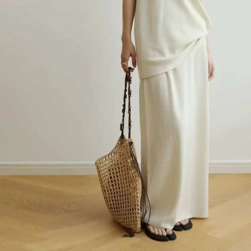 

Trendy Large Capacity Lafite Straw Bag Drawstring Handmade Weave Tote Bag Underarm Bag Wood Beaded Grass Woven Bag Beach