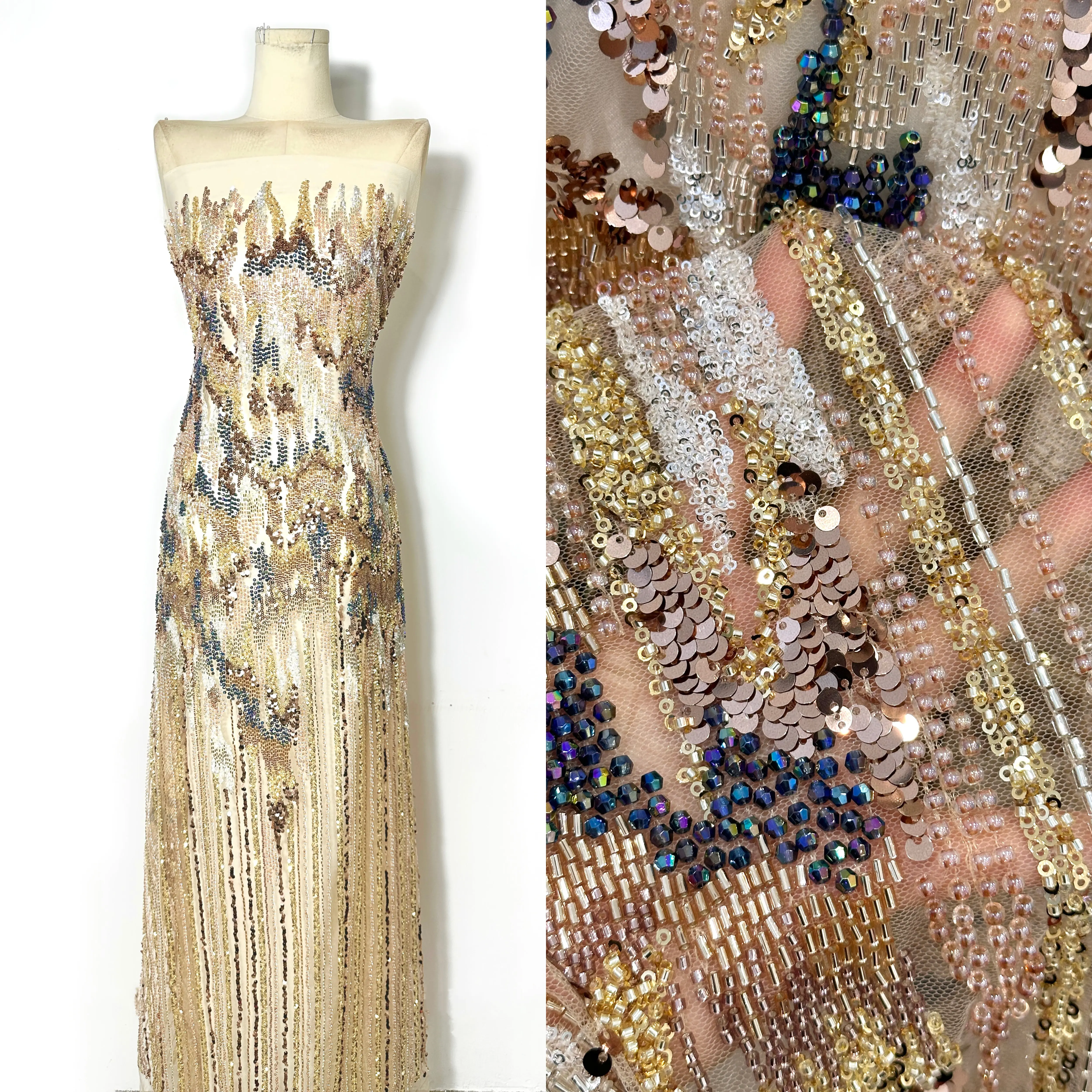 

Gold Handmade Heavy Mesh Lace Sequins Nigerian French Tulle Fabric Embroidery 6 Types of Stones and Beads For Wedding Dress