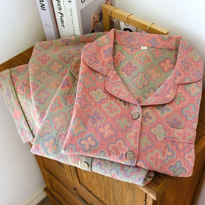 

100% Cotton Crepe Homeclothes Autumn/Winter Women's Pajamas Suit Long-Sleeved Trousers 2-piece Yarn-Dyed Jacquard Pajamas