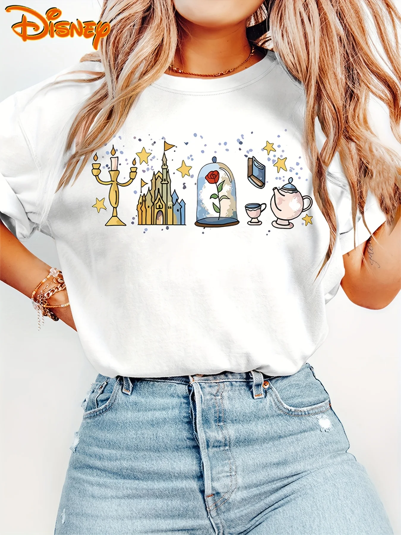 2026 디즈니 미녀와 야수는 우리 손님입니다 프린트 레트로 캐주얼 패션 티셔츠 유니섹스 반팔 커플 스트리트웨어