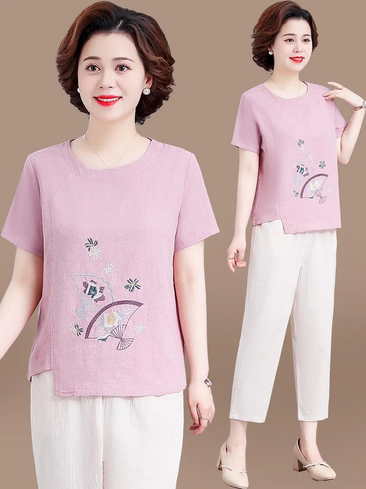 

Faionable Cotton Linen ort Sve Mom Summer Outfit andma Top Bot Set Traditional Chinese Sle Mid-aged Women's Clo...