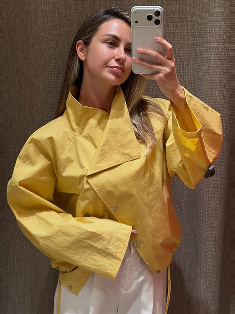 Stehkragen-Jacke mit Seitenverschluss und Kordelzug am Saum, Oversize-Jacke für Damen, Streetwear, Langarm, Einreihig, Lockerer Mantel, Neue Damen-Oberbekleidung – Detail 13