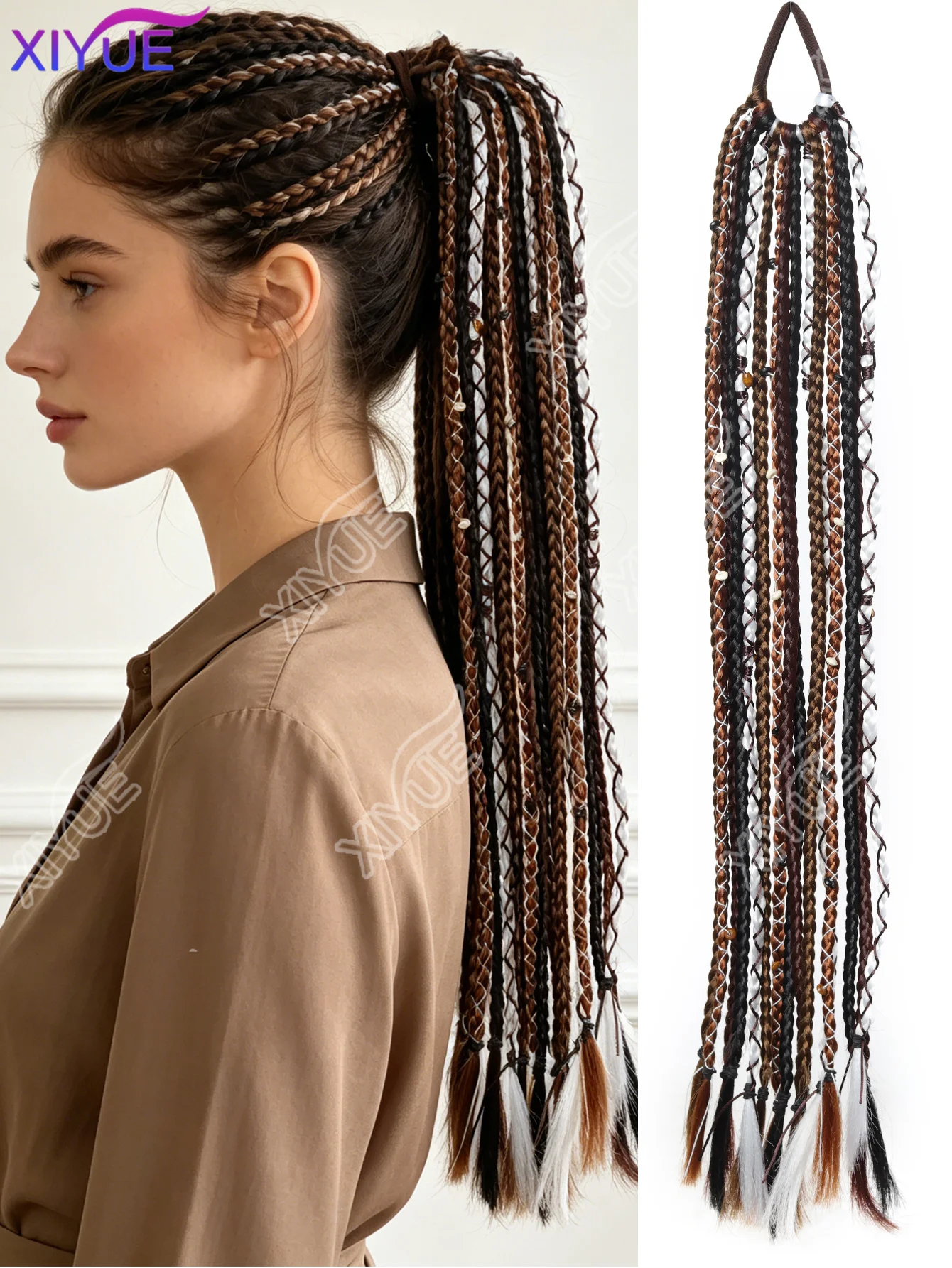 

synthesis 24" Boho Braided Ponytail Extension with Hair Tie Hand-Braided Viking Dreadlock Beaded Synthetic Hairpiece for Women