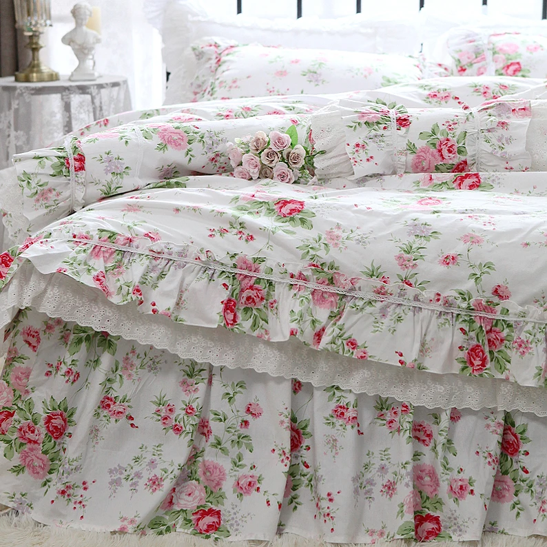 Four-piece set Korean pastoral princess wind pink rose flower printing and dyeing lace cotton bed skirt bedding quilt cover 1Pc