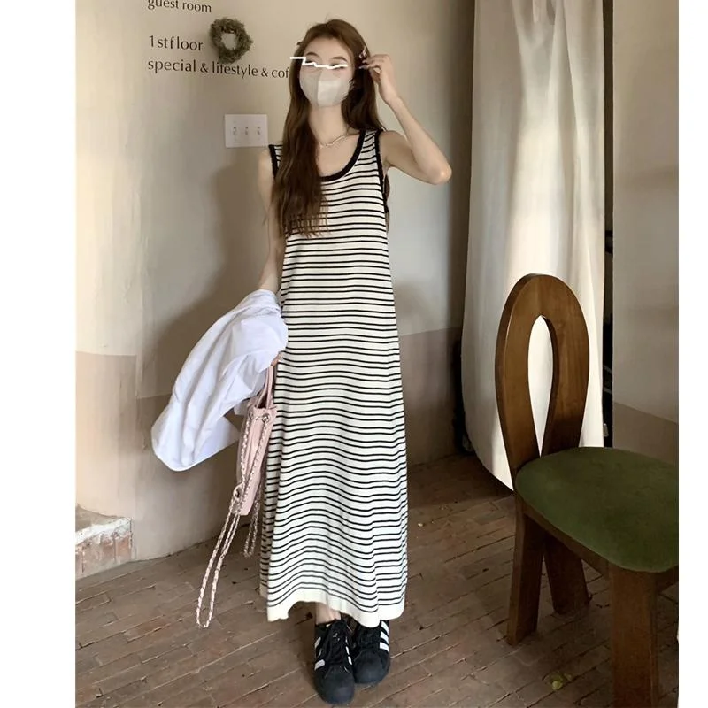 

Sexy Women Sling Long Dress Striped V-neck Knit Dresses Tank Top Party Woman Dress