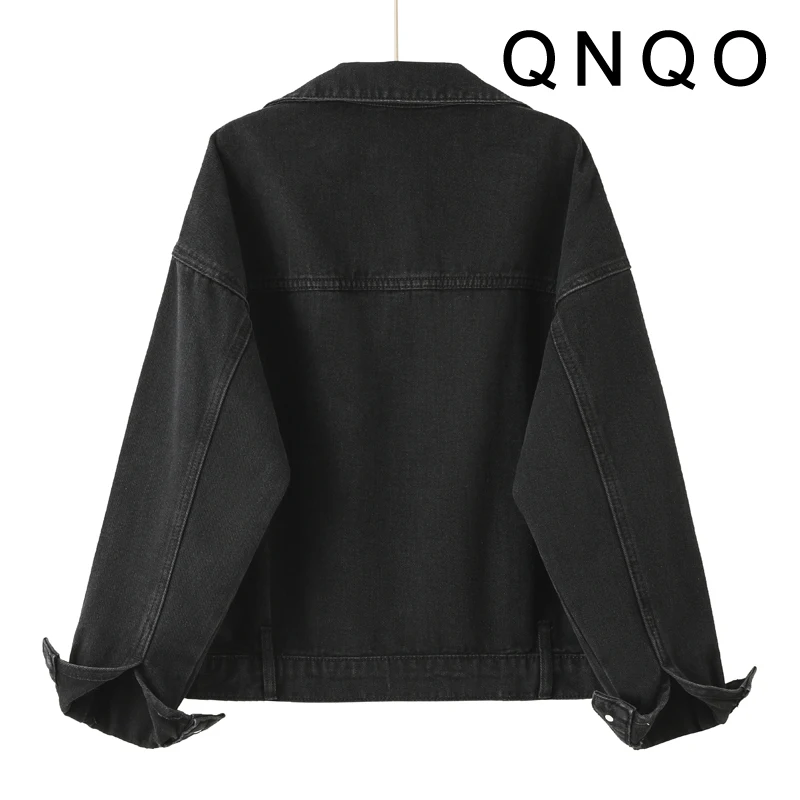 QNQO Black Denim Jacket for Women Pocket Patchwork Single Breasted Casual Coat 2024 New Turn-down Collar Fashion Female Jackets