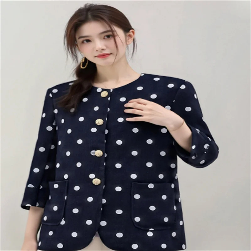 

Осень 20%, модная сексуальная шерстяная женская куртка с круглым вырезом и мягкими плечами, рукавами 3/4, в горошек