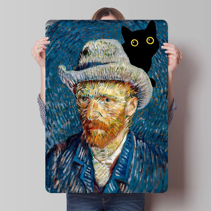 Cat With Van Gogh Tinplate Posters Customizable Wall Art Retro Vintage Metal Signs for Home Room Mancave Decoration Garage Cozy